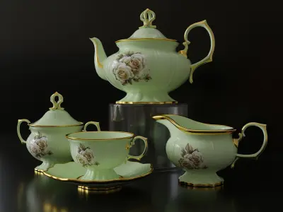 Antique porcelain tea set with flowers 3D model