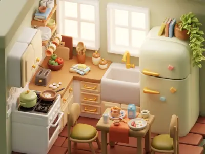 Isometric Stylized Cartoon Kitchen 52 items interior Pack Low-poly 3D model