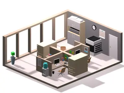 Low poly office with desk and chairs Low-poly 3D model