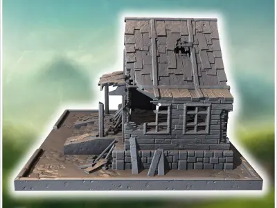 Wooden house with damaged roof broken stairs and scattered debri 3D print model