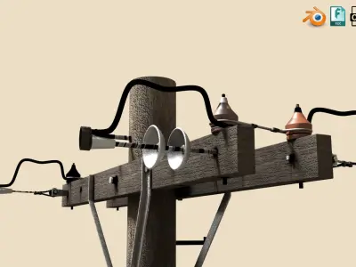 Wooden Old Telephone Electricity Line Western Style  Low-poly 3D model