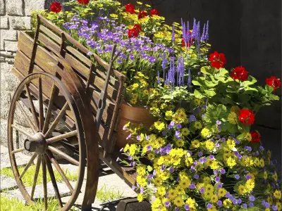 Bullock kart  with Flower pots 3D model