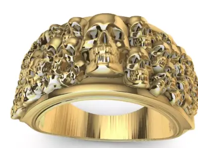Ring multiple skulls mens silver band biker Hollow Jewelry 3D print model