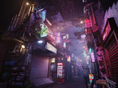 Cairo City Cyberpunk Streets - Animated Neon Signs - Day - Night 3D model