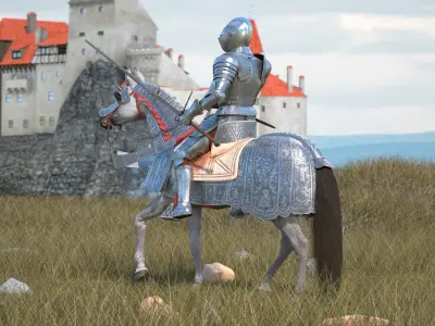  Horse in Medieval Armor with Knight Rider Fur 
