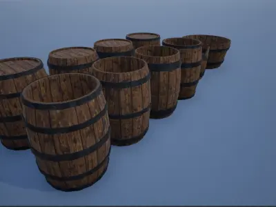 Wooden Barrels and Bathtub-bowl Low-poly 3D model