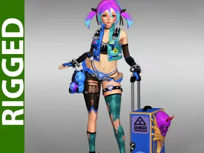 Blossom girl with hair and luggage 3D model