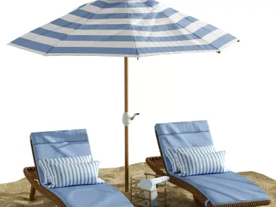 Beach umbrella and chaise longue set 2 3D model