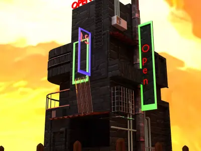 Hotel building with neon sign 3D model