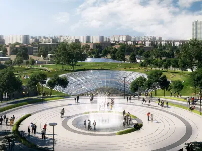 Futuristic Urban Park with Glass Domes and Sunken Plazas 3D model