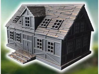 Large wooden house with dormer windows a stone staircase and vis 3D print model