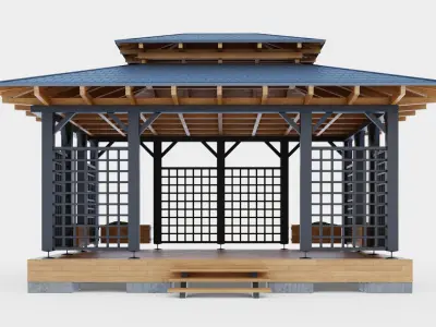 Wooden gazebo with decorative lathing 3D model