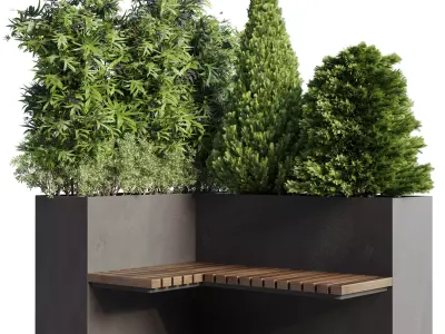 Urban Environment Urban Furniture Green Benches Plants and Tree  3D model