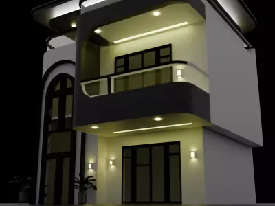 Modern Two-Story House Exterior  Night Render 3D model