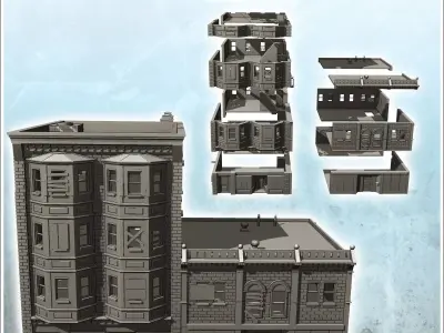 Large brick residential building with flat roof and lamp post 12 3D print model