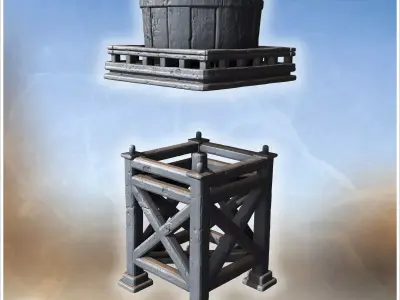 Large round barrel placed on sturdy wooden base with crisscross  3D print model