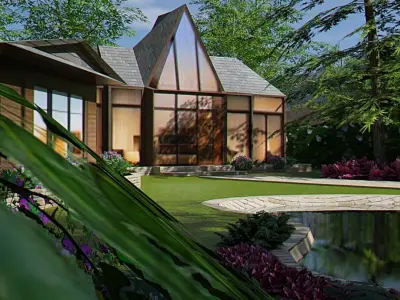 Home and Lake Garden Scape Low-poly 3D model