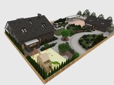 Highly detailed 3d scene of two Houses with garden landscape  3D model
