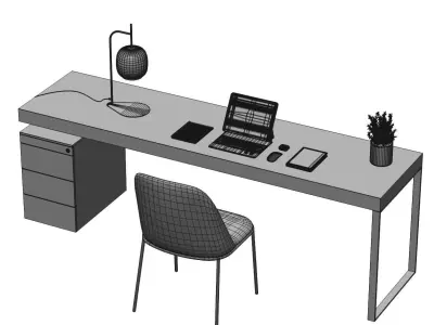 Workplace 2 modern desk with laptop and chair 3D model