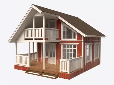 Classic Wooden Two Level House with Terrace 3D model