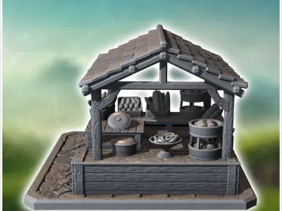 Rustic market stall with baskets barrels and a tiled roof displa 3D print model