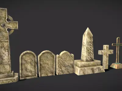 Tombstone collection group of gravestones and crosses Low-poly 3D model