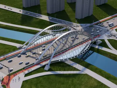 Modern urban steel arch bridges  highway and pedestrian bridges Low-poly 3D model