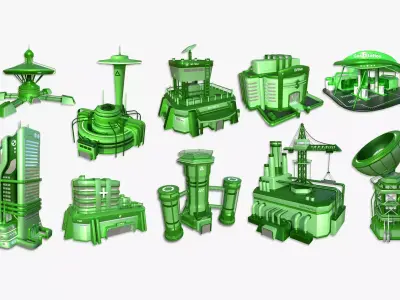 10 Sci Fi Buildings Collection F - Green - Exterior Design 3D Model Pack