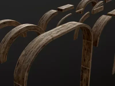 Wooden Arch and Windows Parts Planks 13 pieces and four assets Low-poly 3D model