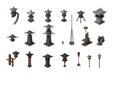 Game Architectural - stone lamp - brazier lamp 3D model
