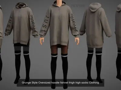 Goth Oversized Sweatshirts Fishnet Leggings Socks Outfit Set 3D Model Pack
