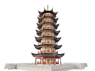 Ancient Japan Pagoda Tower with Stone Platform 3D model