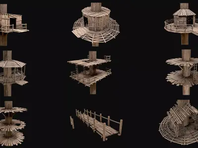 Wooden Tree House Shelters and Platforms 3D Model Pack