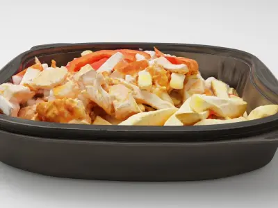 Poke bowl lunch box with fried potatoes chips chicken pepper 3D model