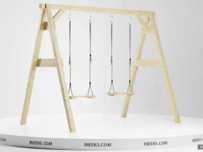 Classic wooden swing set with two seats on the ropes 3D model