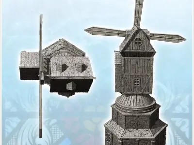 Medieval mill with quadruple blades and base annex 12 - Medieval 3D print model