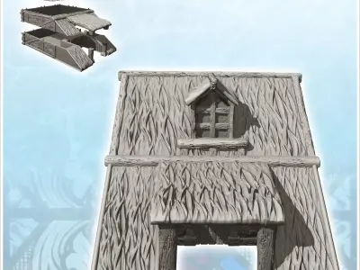 Medieval building with wide roof and double column entrance 4 -  3D print model