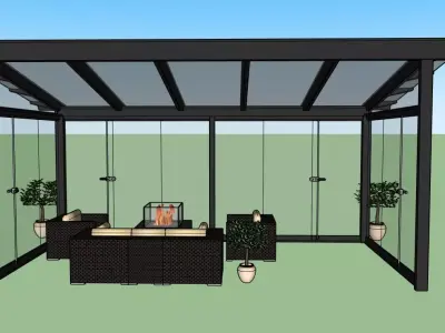 Glass-Enclosed Outdoor Seating Area with Fire Pit - 3D Model 3D model