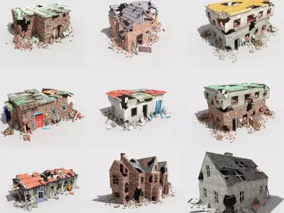 9 destroyed buildings pack Low-poly 3D model