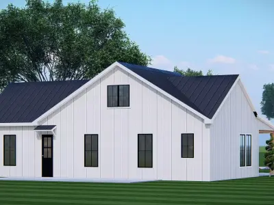 Modern White Farmhouse Exterior with Metal Roof 3D House Model 3D model