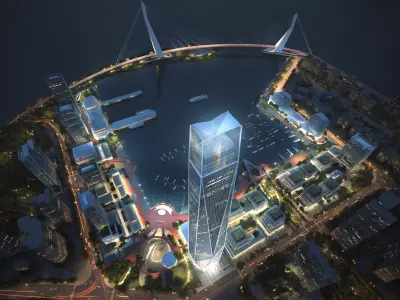 Coastal Marina Cityscape with Landmark Tower and Cable Bridge 3D model