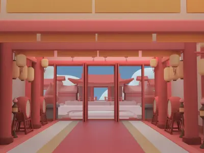 Low poly Chinese architecture with interior Low-poly 3D model
