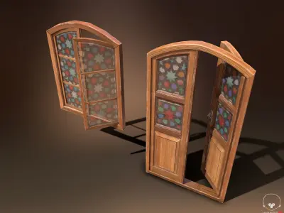 Old Wooden Door and Window Low poly PBR  Low-poly 3D model