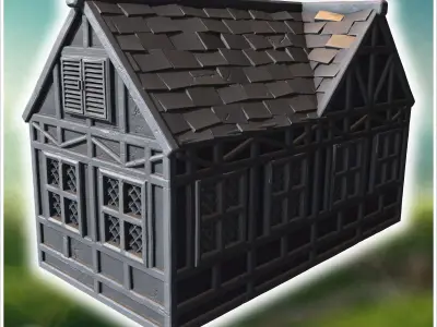 Medieval-style house with a wooden door lattice windows and a da 3D print model