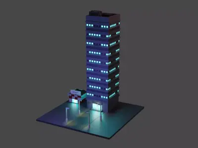 City center single building and shop at night  Free low-poly 3D model