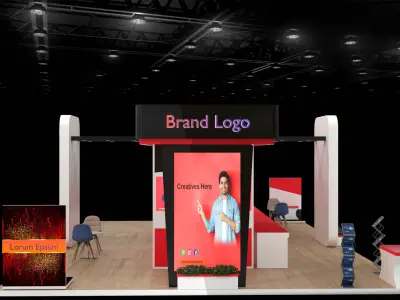 Sleek tech-themed stall with dual branding panels and display 3D model