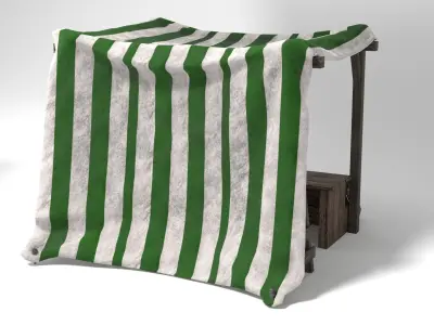 Medieval Market Stall Tent Green and White 3D Model with Crates Low-poly 3D model