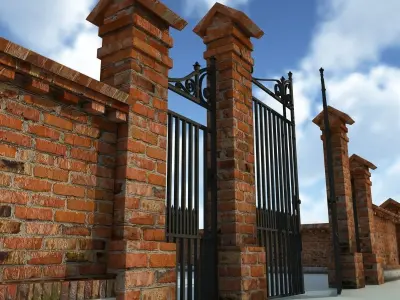 Brick Fence Wall Gate 3D model