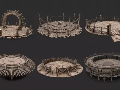 Medieval Wooden Circular Platform Arena PBR Collection 3D Model Pack