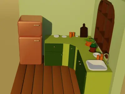 low-poly kitchen with refrigerator and microwave Free 3D model